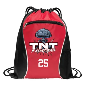 Red and black TNT Youth Basketball drawstring cinch bag with team logo, explosion graphic, and customizable jersey number.