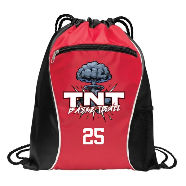 Red and black TNT Youth Basketball drawstring cinch bag with team logo, explosion graphic, and customizable jersey number.