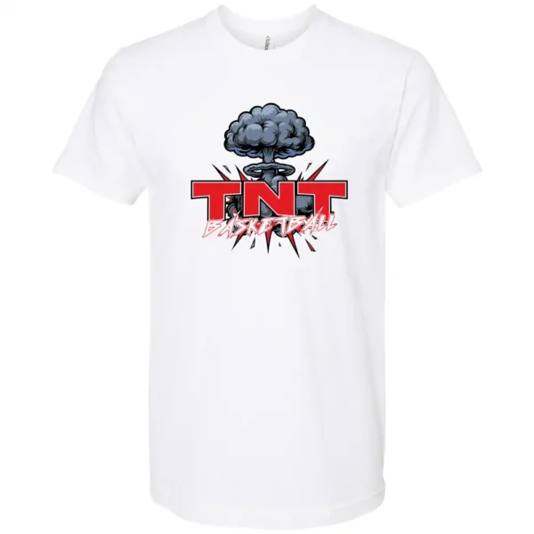 White TNT Youth Basketball T-shirt with explosive logo design featuring mushroom cloud graphic and bold red lettering.